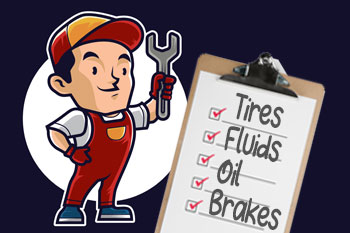 A picture of a cartoon mechanic and a car maintenance check list.